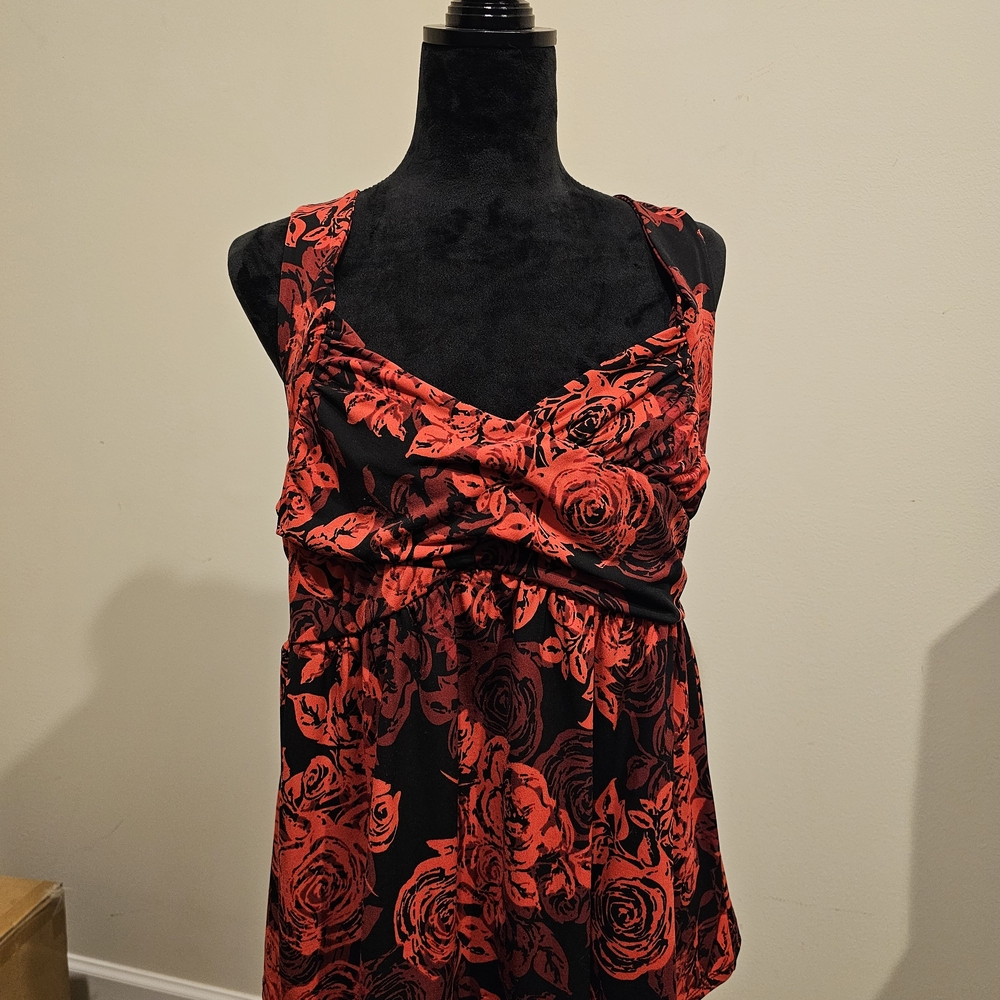 Torrid Red And Black Floral Cross Back Peplum Top